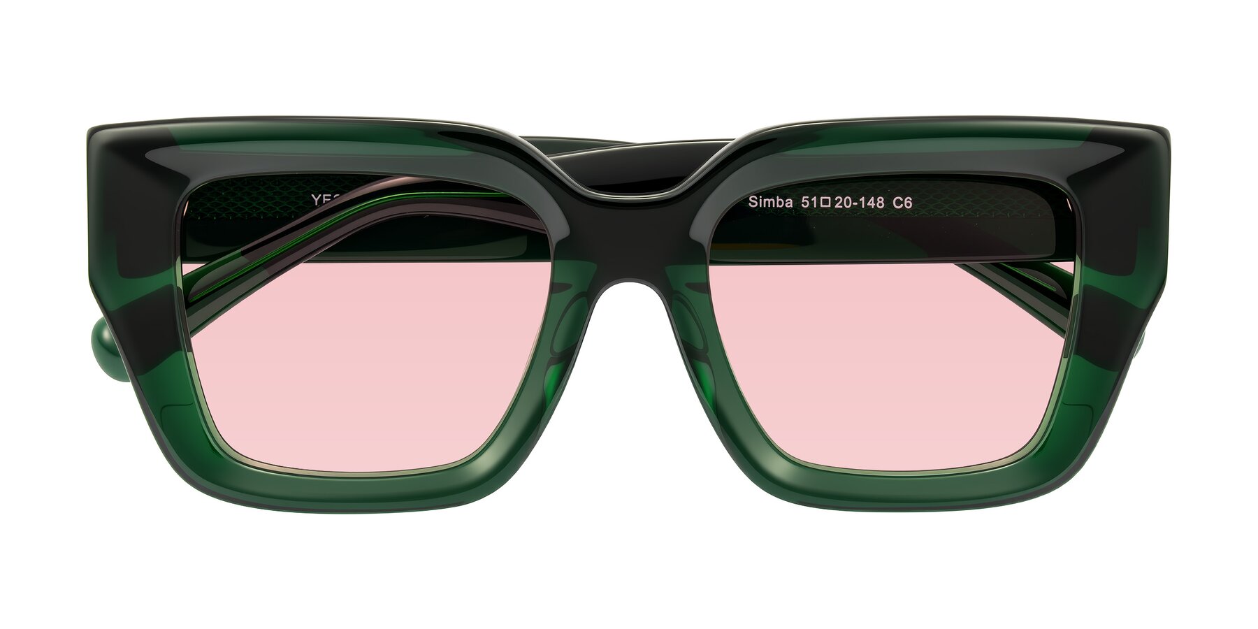 Folded Front of Simba in Dark Green with Light Garnet Tinted Lenses