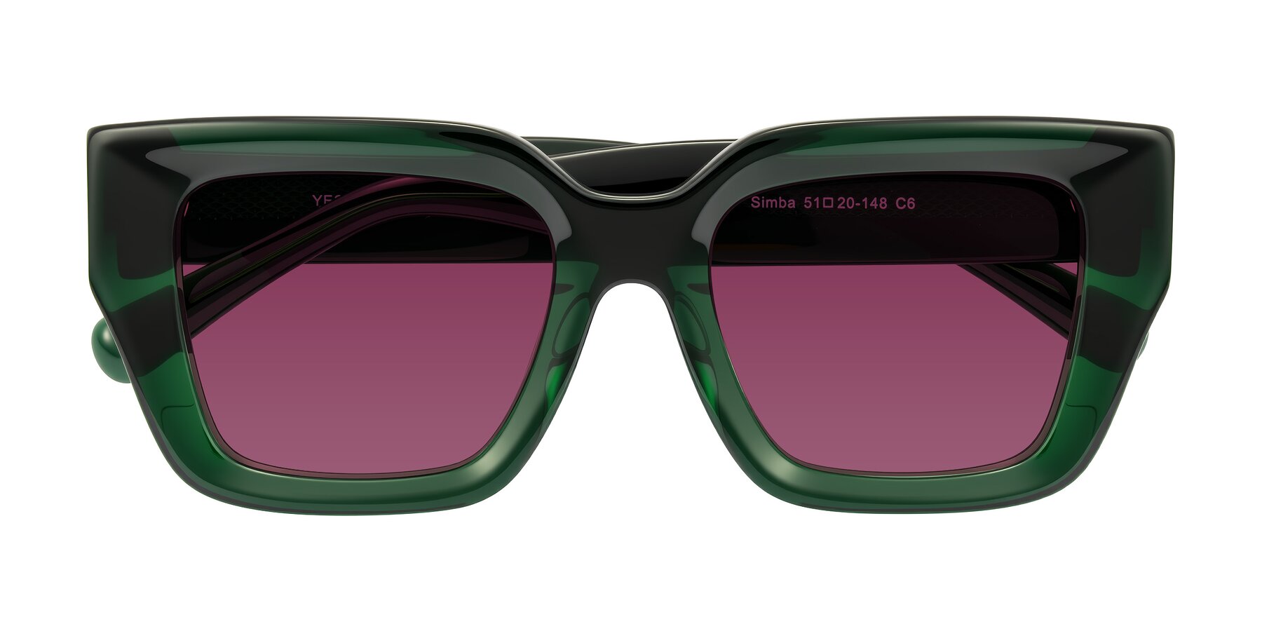 Folded Front of Simba in Dark Green with Wine Tinted Lenses