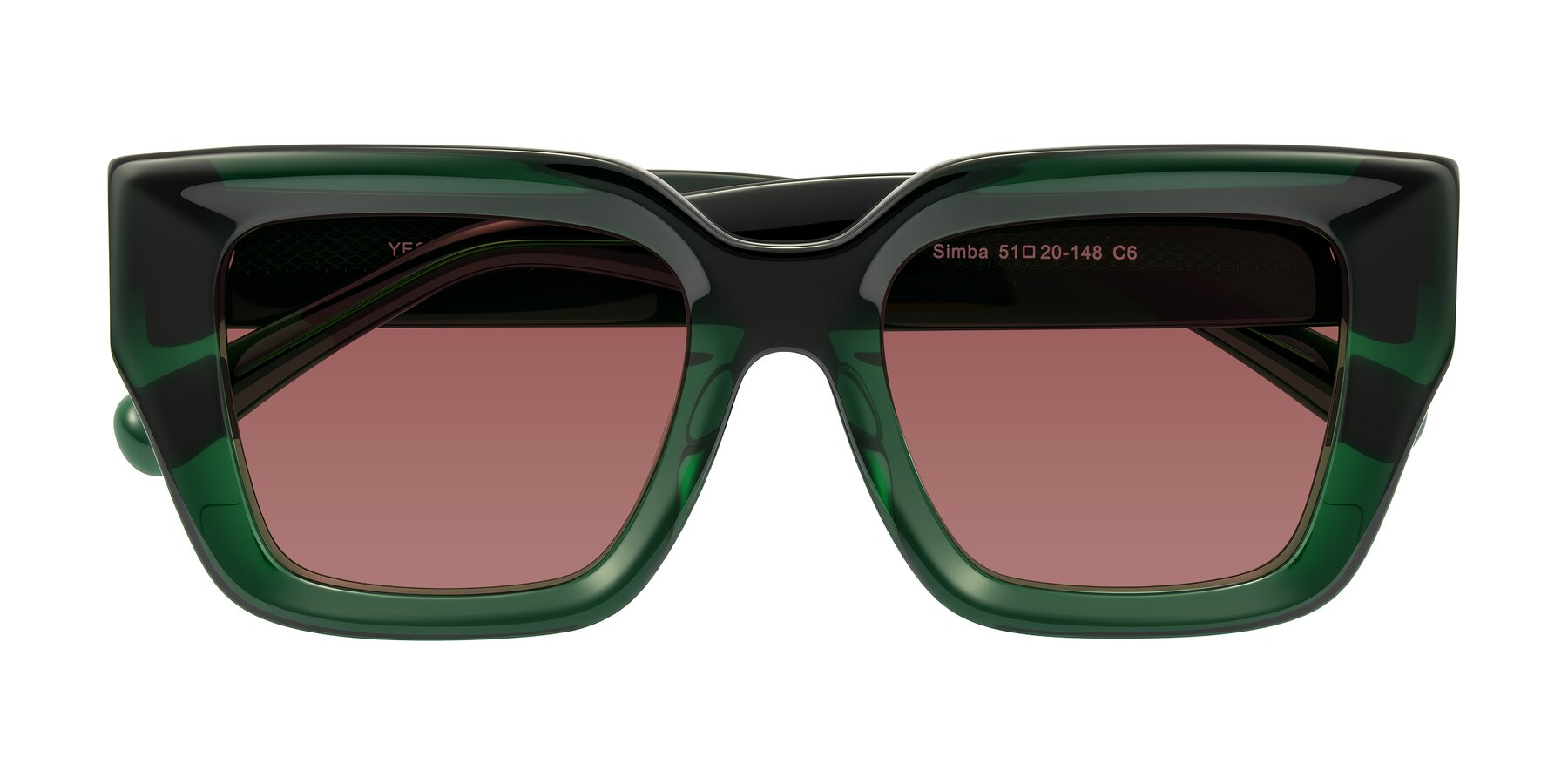 Folded Front of Simba in Dark Green with Garnet Tinted Lenses