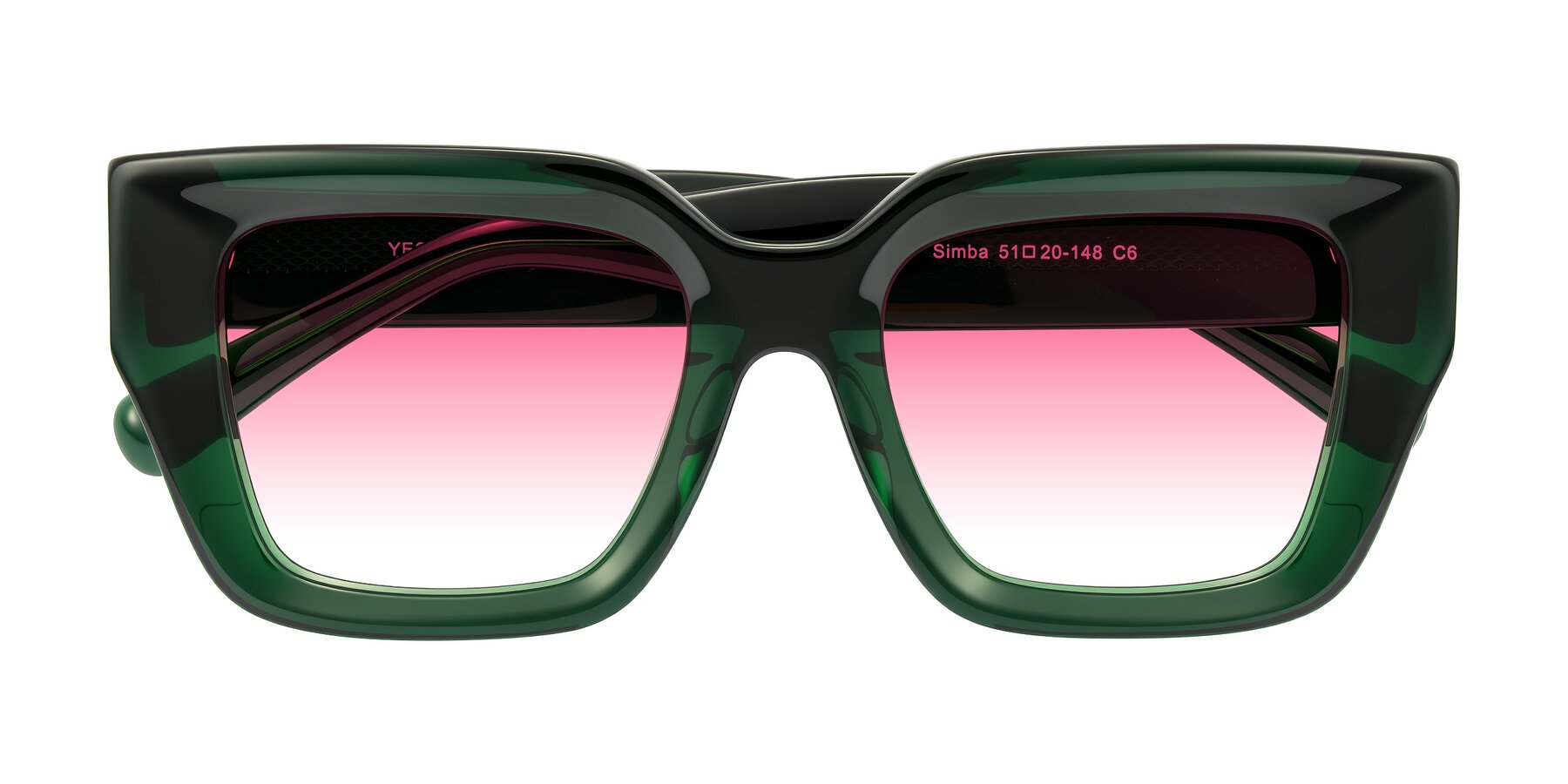 Folded Front of Simba in Dark Green with Pink Gradient Lenses