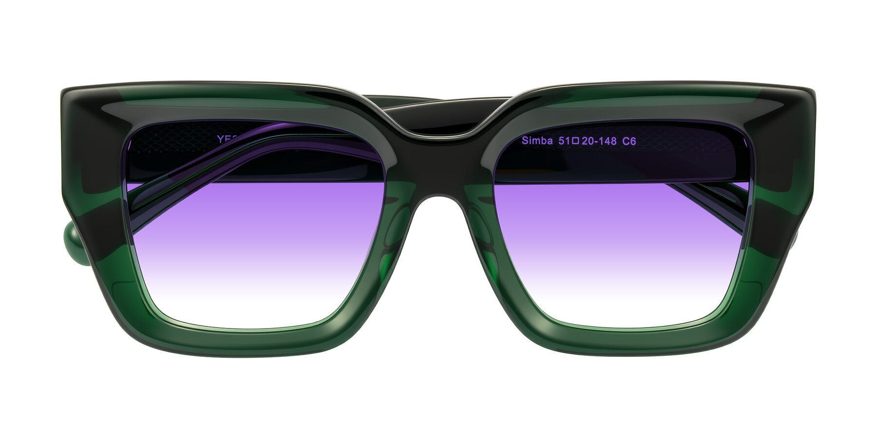 Folded Front of Simba in Dark Green with Purple Gradient Lenses