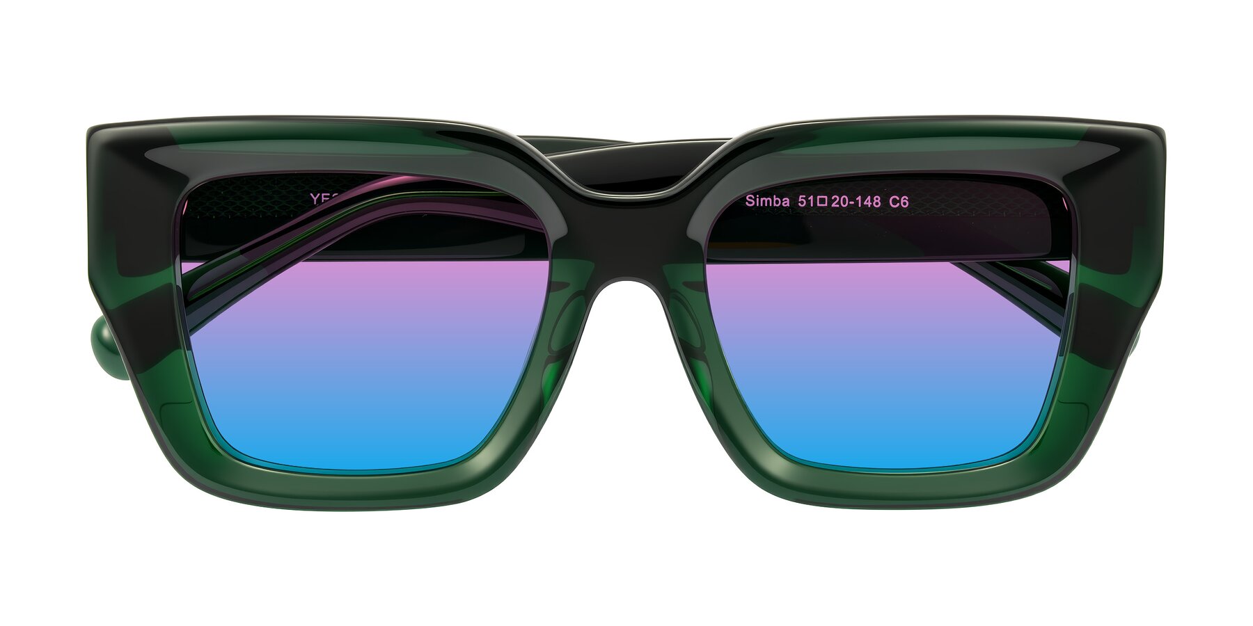 Folded Front of Simba in Dark Green with Pink / Blue Gradient Lenses