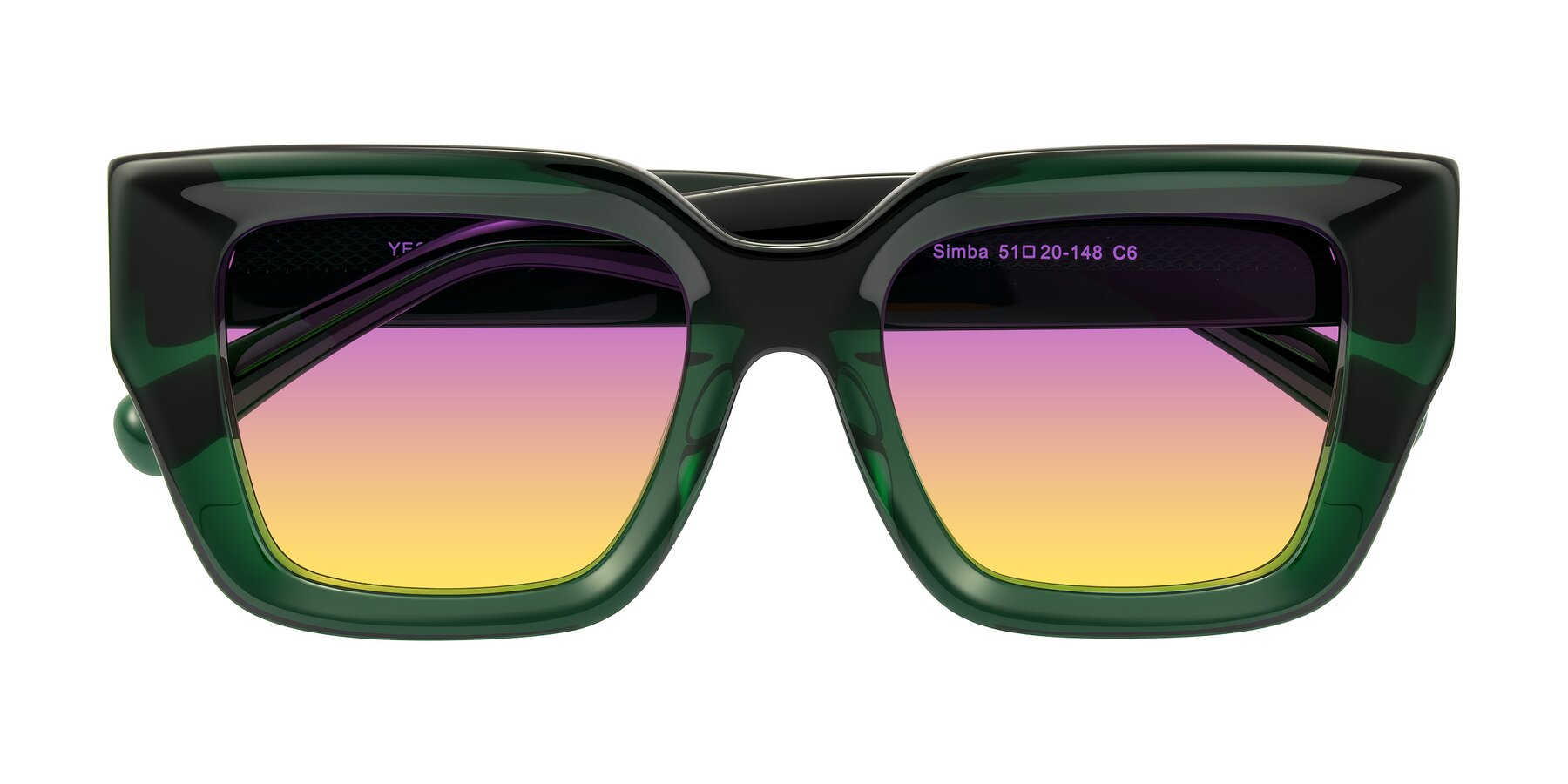Folded Front of Simba in Dark Green with Purple / Yellow Gradient Lenses