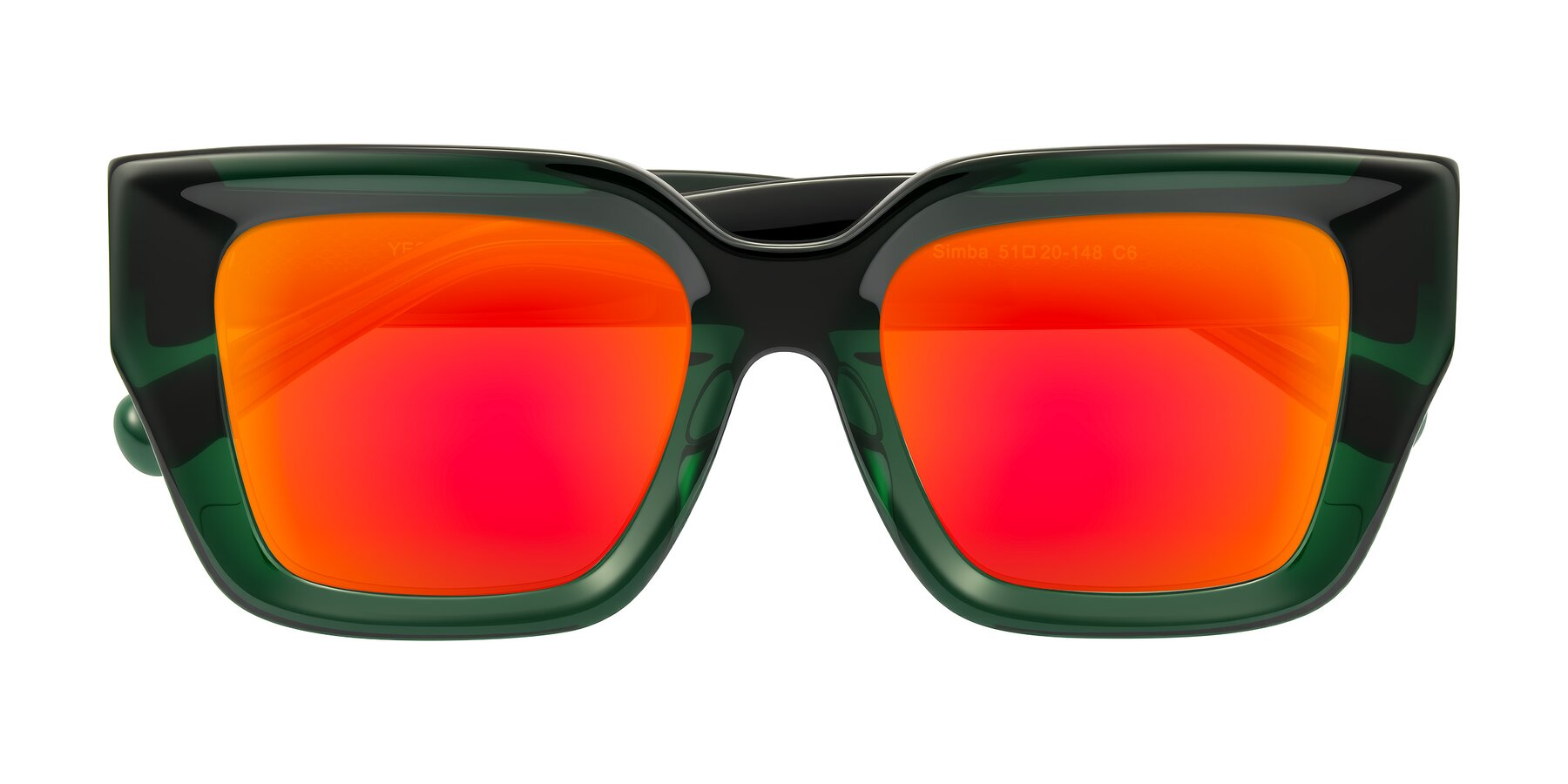 Folded Front of Simba in Dark Green with Red Gold Mirrored Lenses