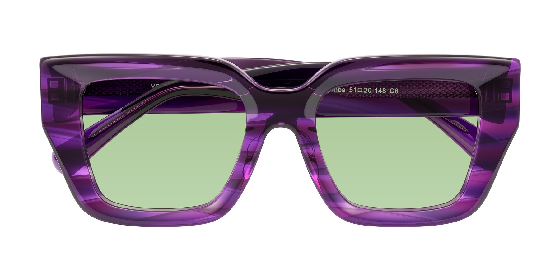 Folded Front of Simba in Violet Striped with Medium Green Tinted Lenses
