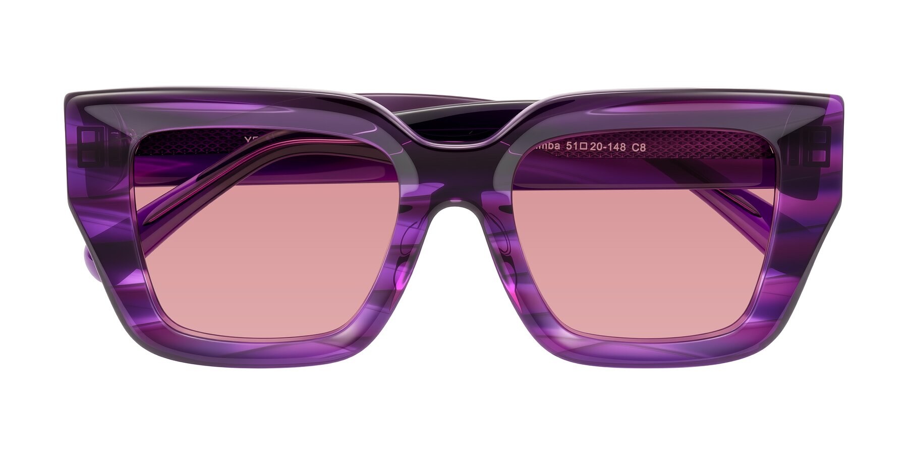 Folded Front of Simba in Violet Striped with Medium Garnet Tinted Lenses