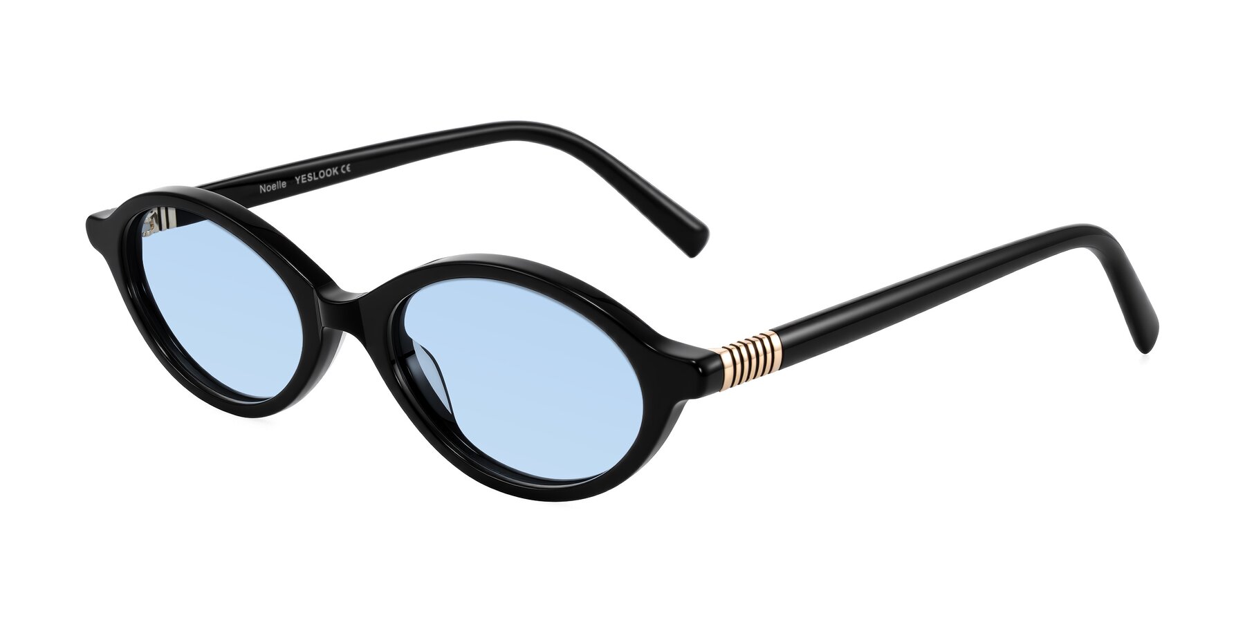 Angle of Noelle in Black with Light Blue Tinted Lenses