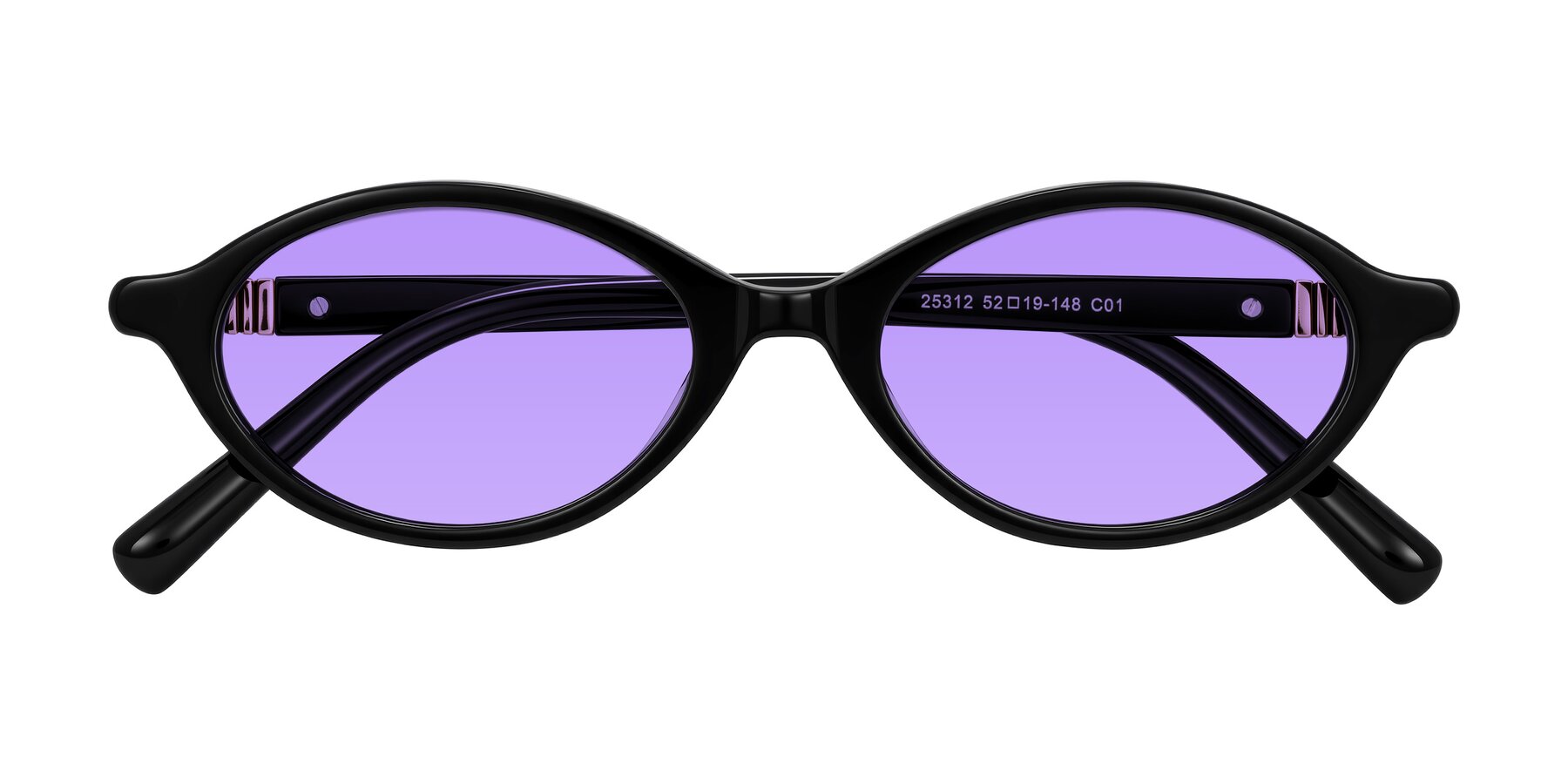 Folded Front of Noelle in Black with Medium Purple Tinted Lenses