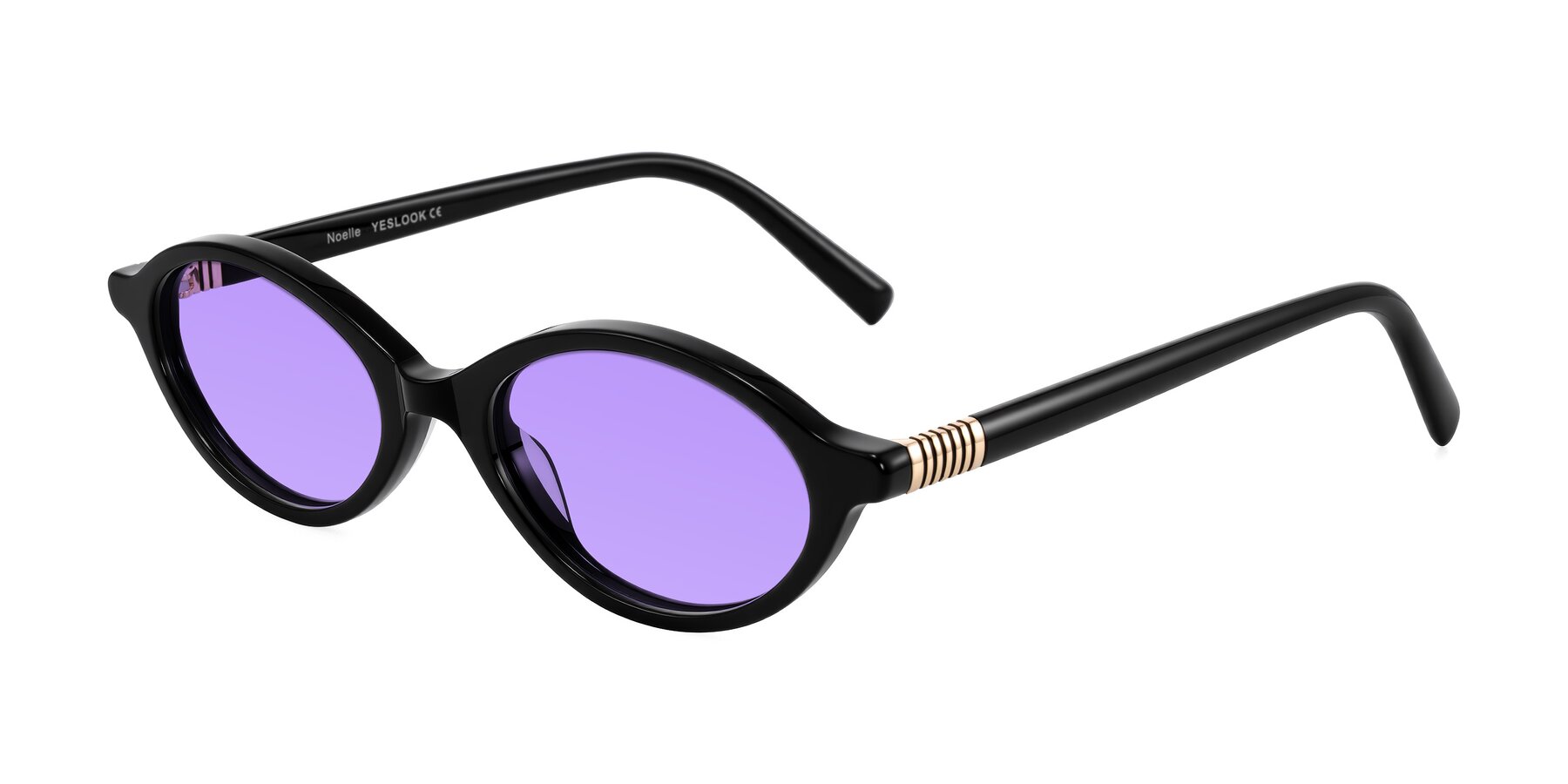 Angle of Noelle in Black with Medium Purple Tinted Lenses