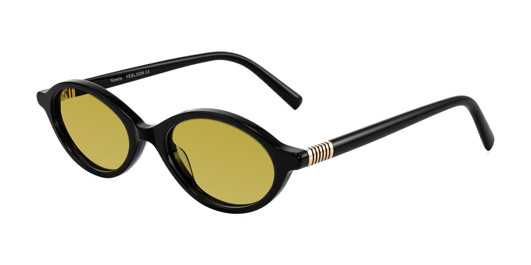 Angle of Noelle in Black with Champagne Tinted Lenses