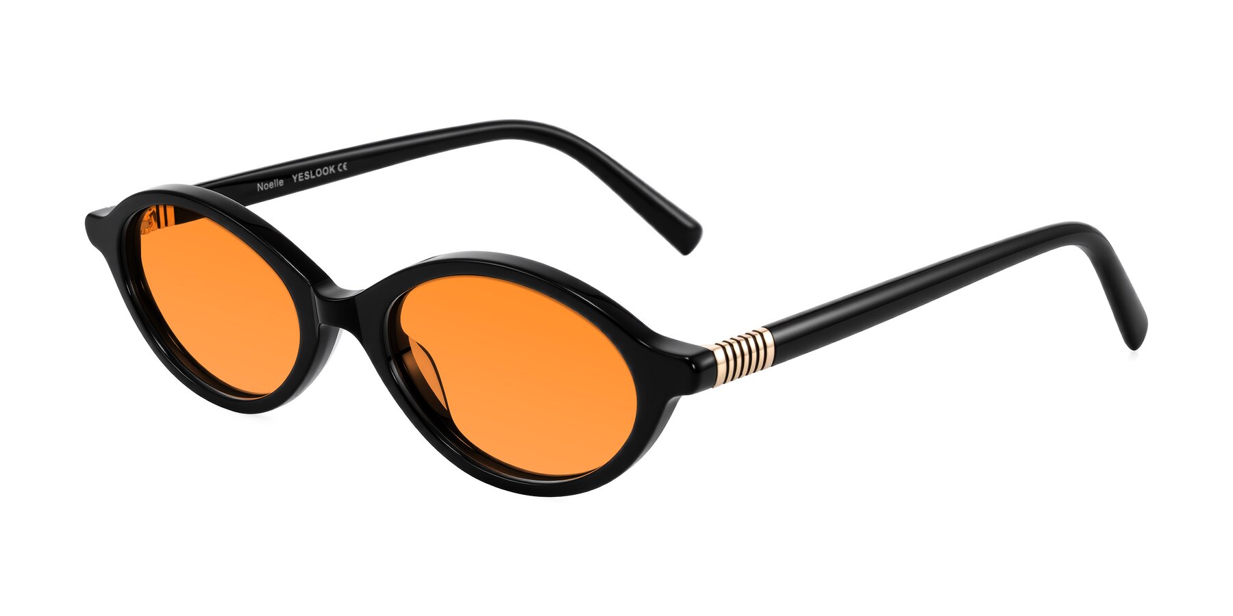 Angle of Noelle in Black with Orange Tinted Lenses