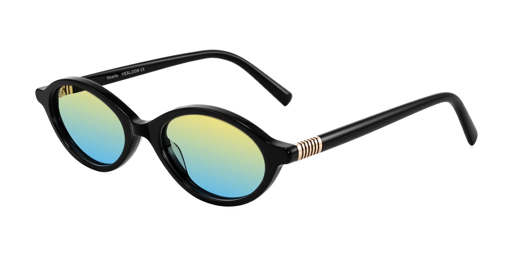 Angle of Noelle in Black with Yellow / Blue Gradient Lenses