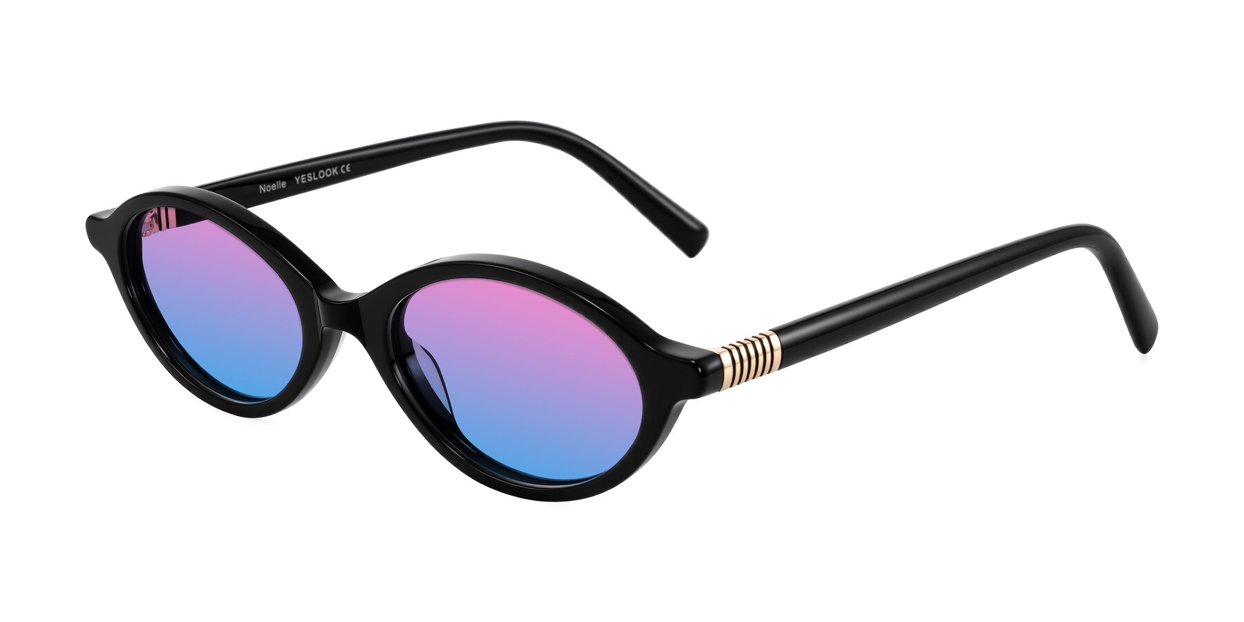 Angle of Noelle in Black with Pink / Blue Gradient Lenses