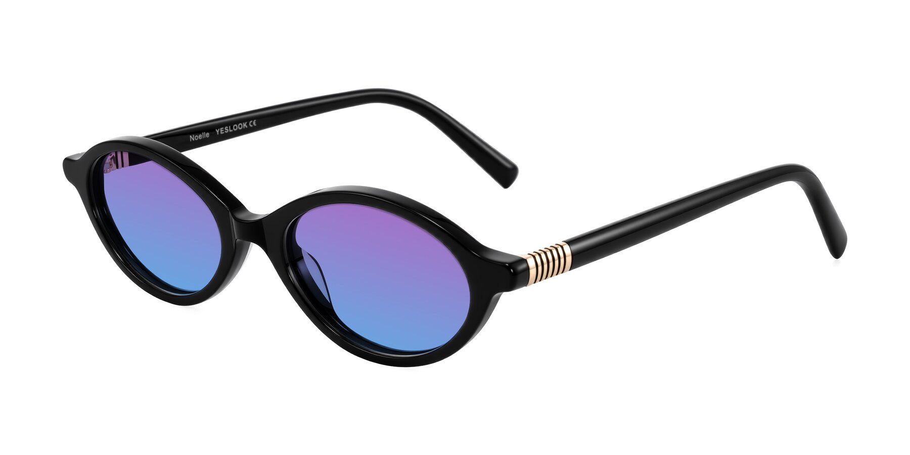 Angle of Noelle in Black with Purple / Blue Gradient Lenses