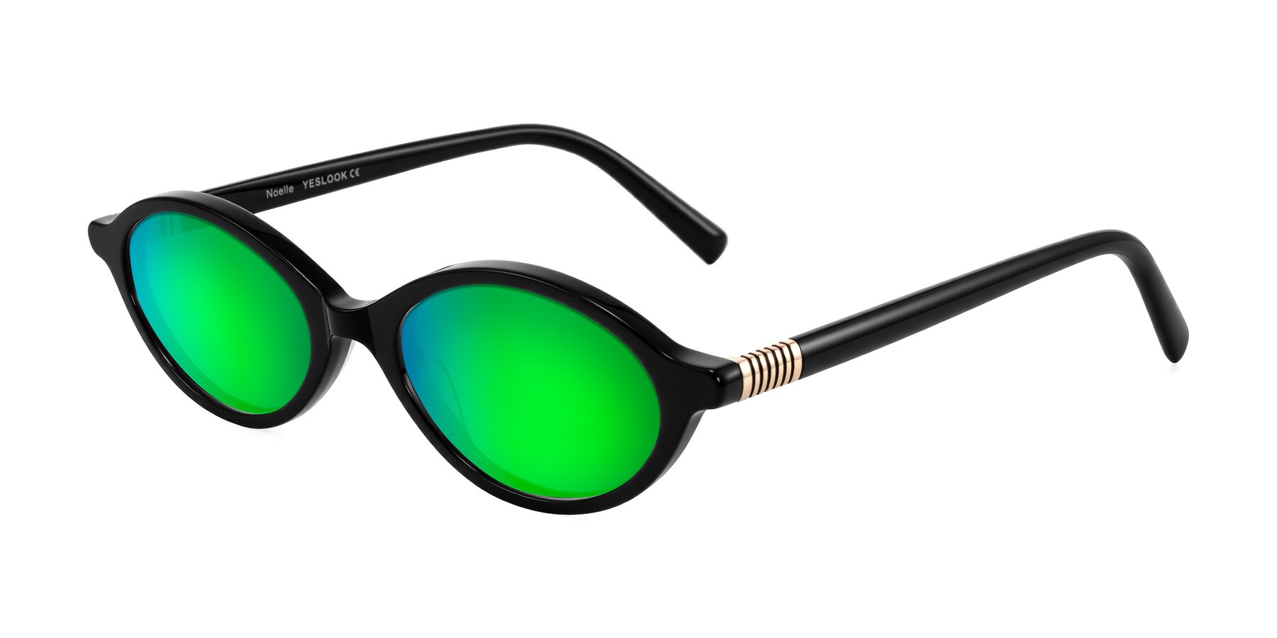 Angle of Noelle in Black with Green Mirrored Lenses