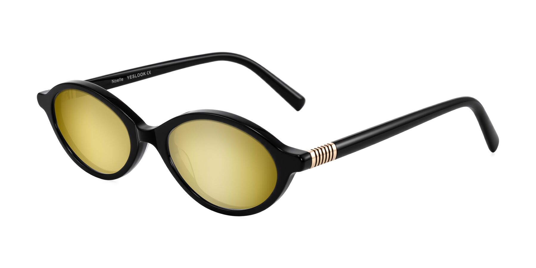Angle of Noelle in Black with Gold Mirrored Lenses