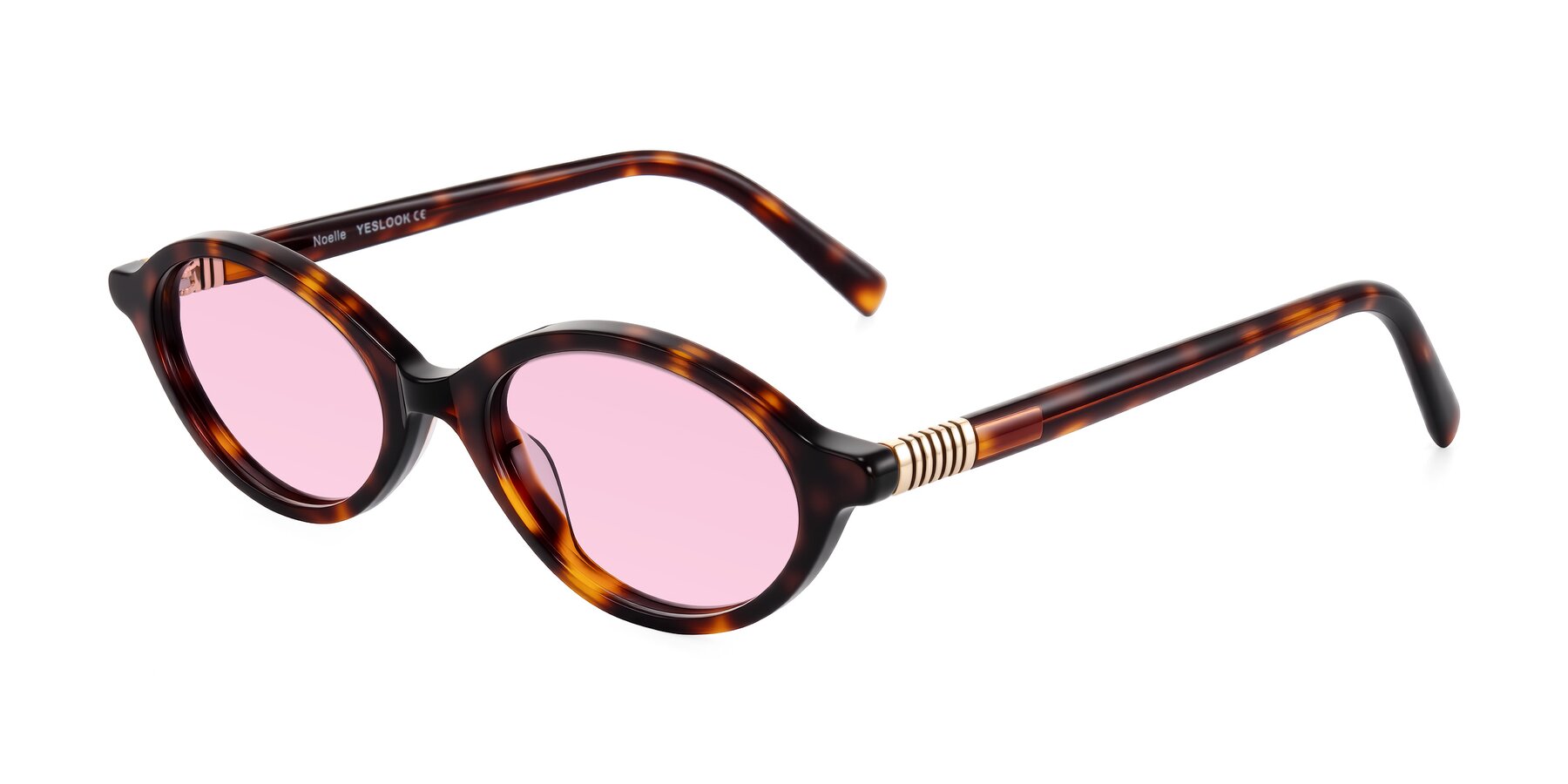 Angle of Noelle in Tortoise with Light Pink Tinted Lenses