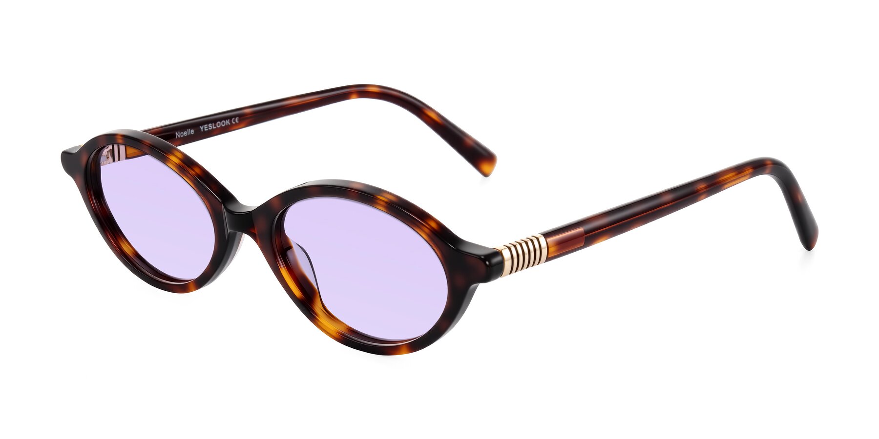 Angle of Noelle in Tortoise with Light Purple Tinted Lenses