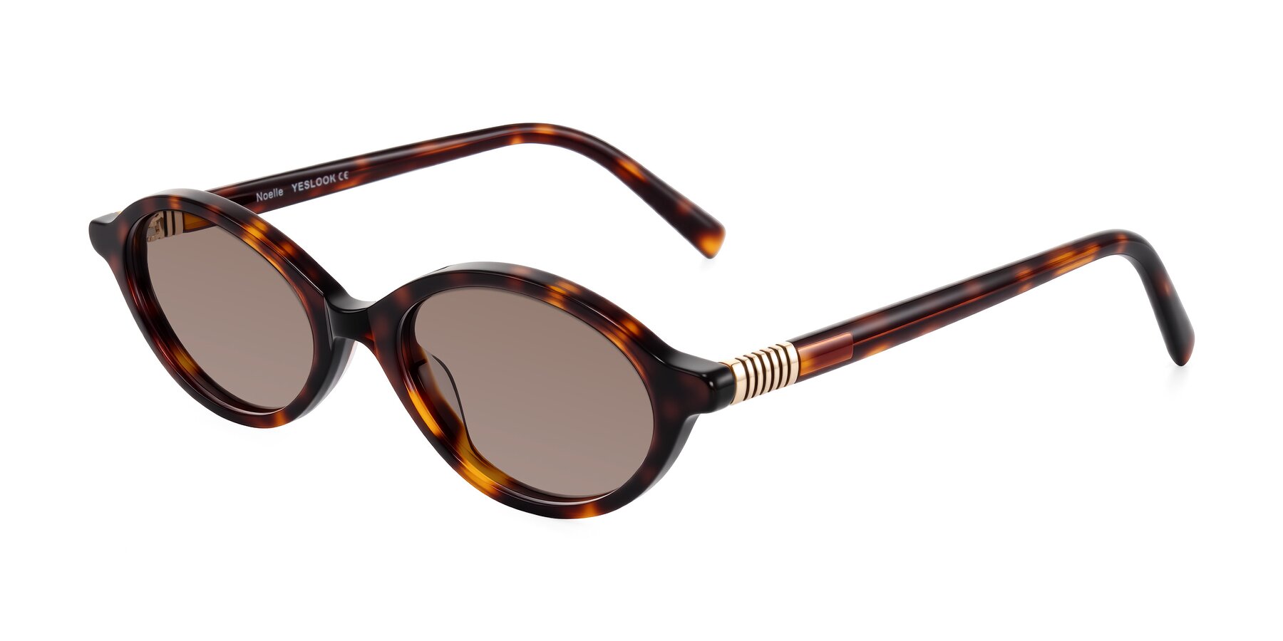 Angle of Noelle in Tortoise with Medium Brown Tinted Lenses