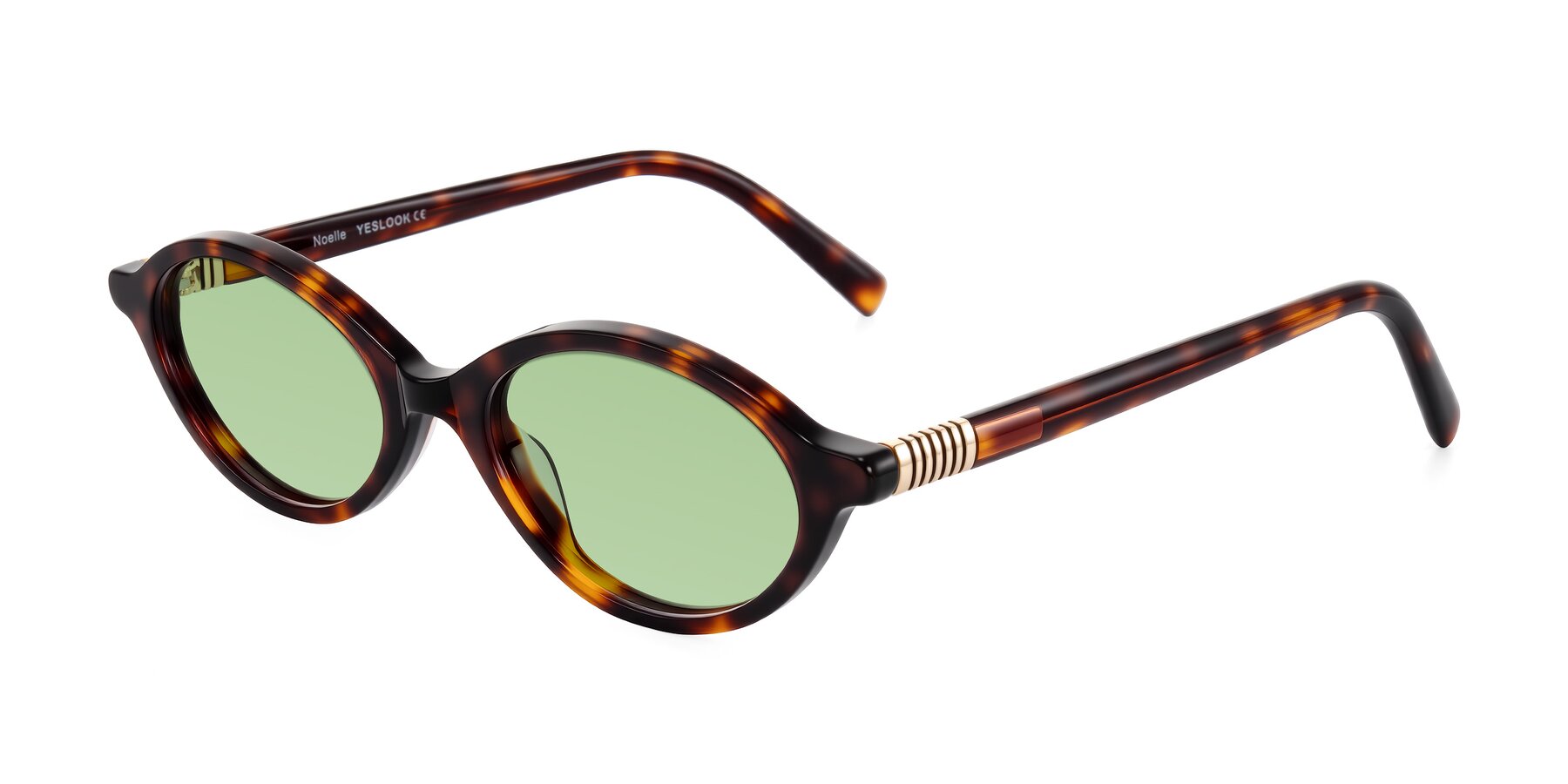 Angle of Noelle in Tortoise with Medium Green Tinted Lenses
