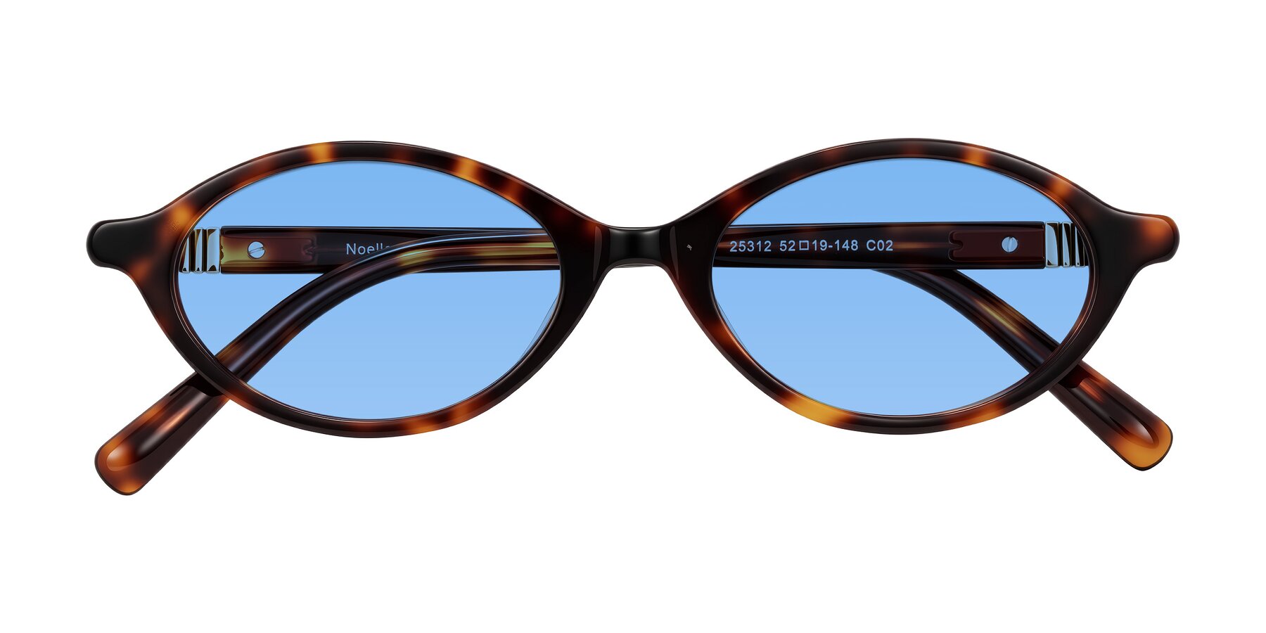 Folded Front of Noelle in Tortoise with Medium Blue Tinted Lenses