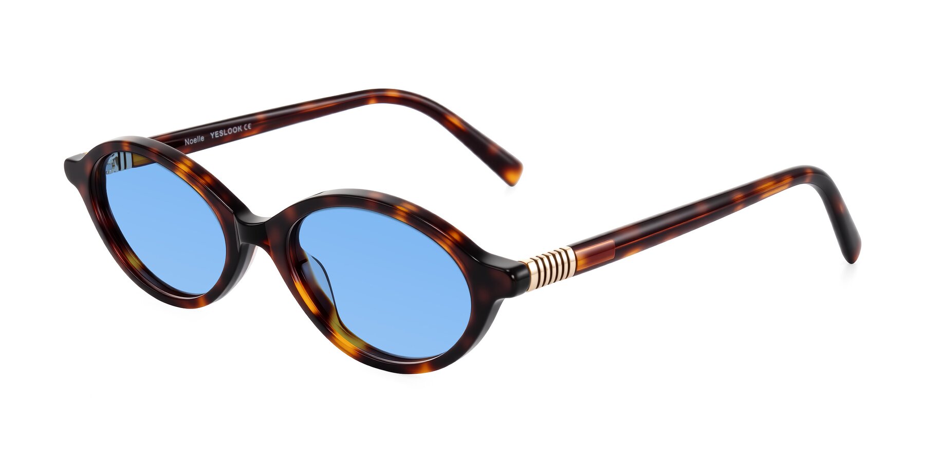 Angle of Noelle in Tortoise with Medium Blue Tinted Lenses