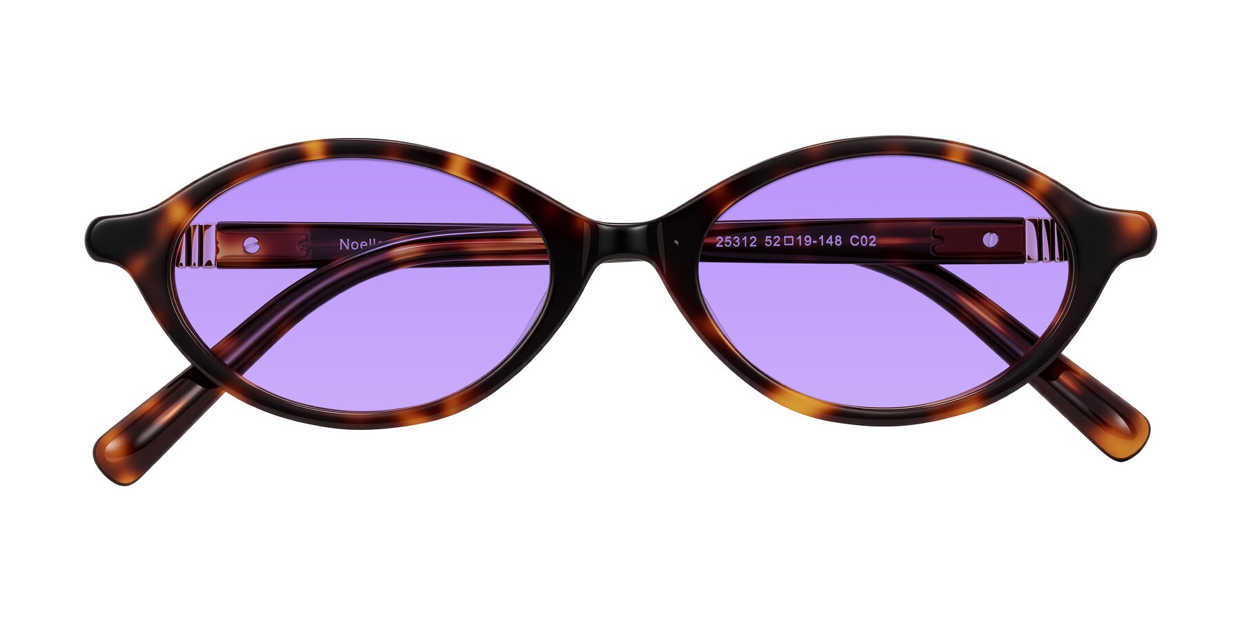 Folded Front of Noelle in Tortoise with Medium Purple Tinted Lenses
