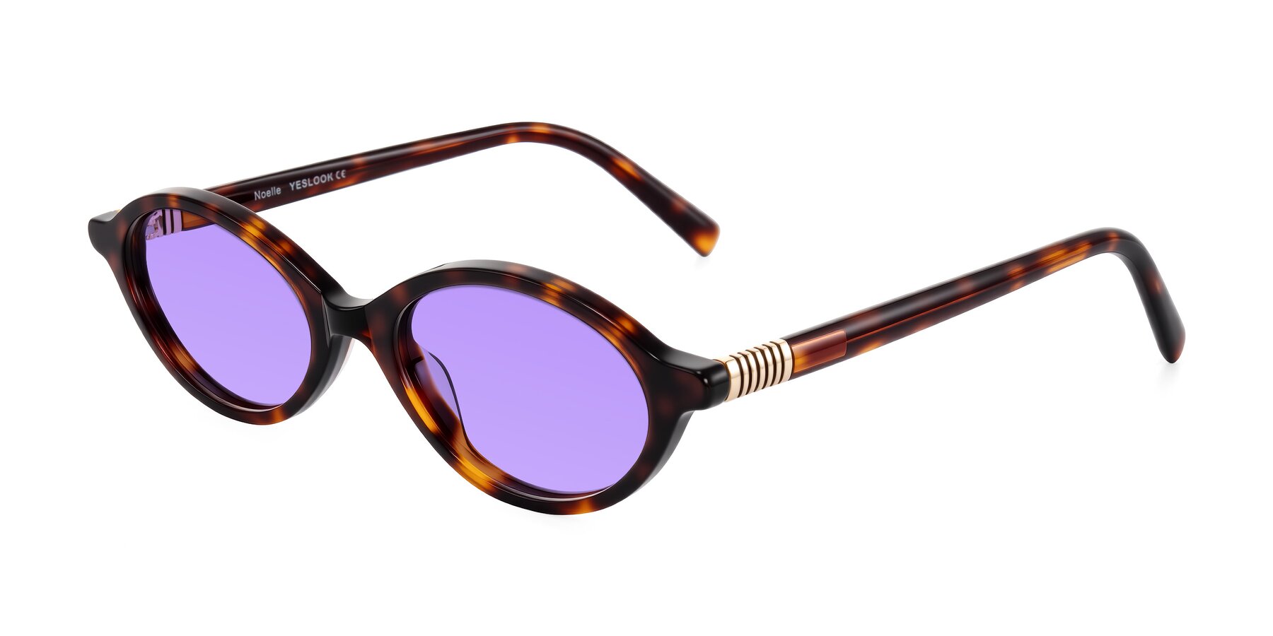 Angle of Noelle in Tortoise with Medium Purple Tinted Lenses