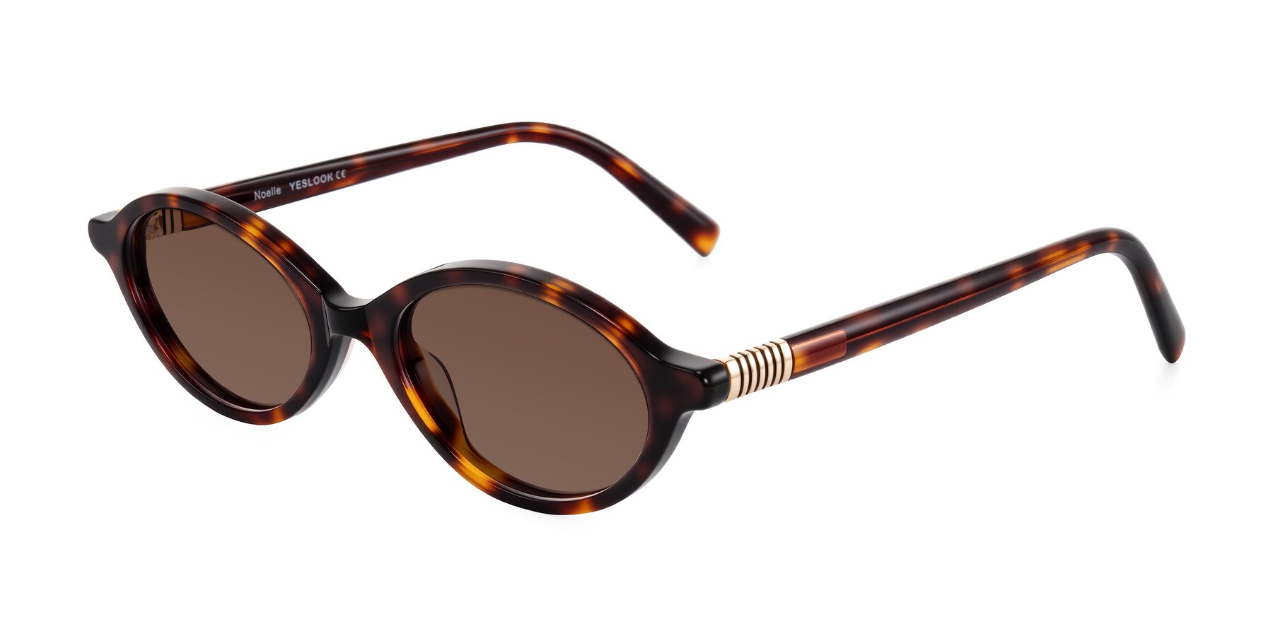 Angle of Noelle in Tortoise with Brown Tinted Lenses