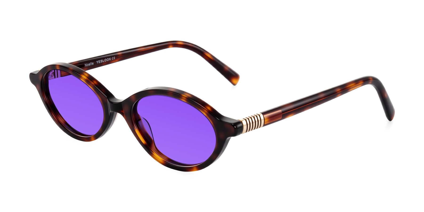 Angle of Noelle in Tortoise with Purple Tinted Lenses