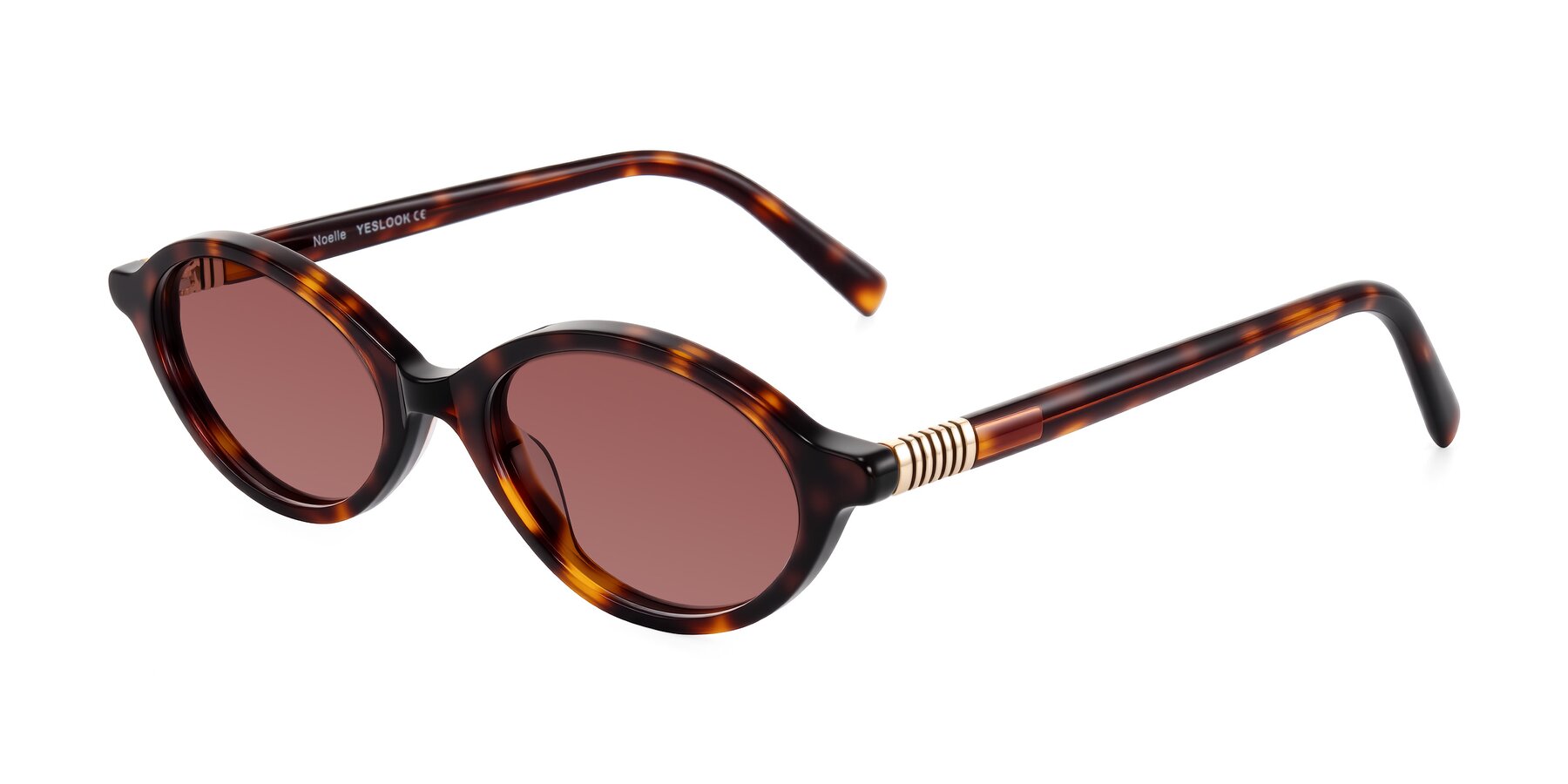 Angle of Noelle in Tortoise with Garnet Tinted Lenses