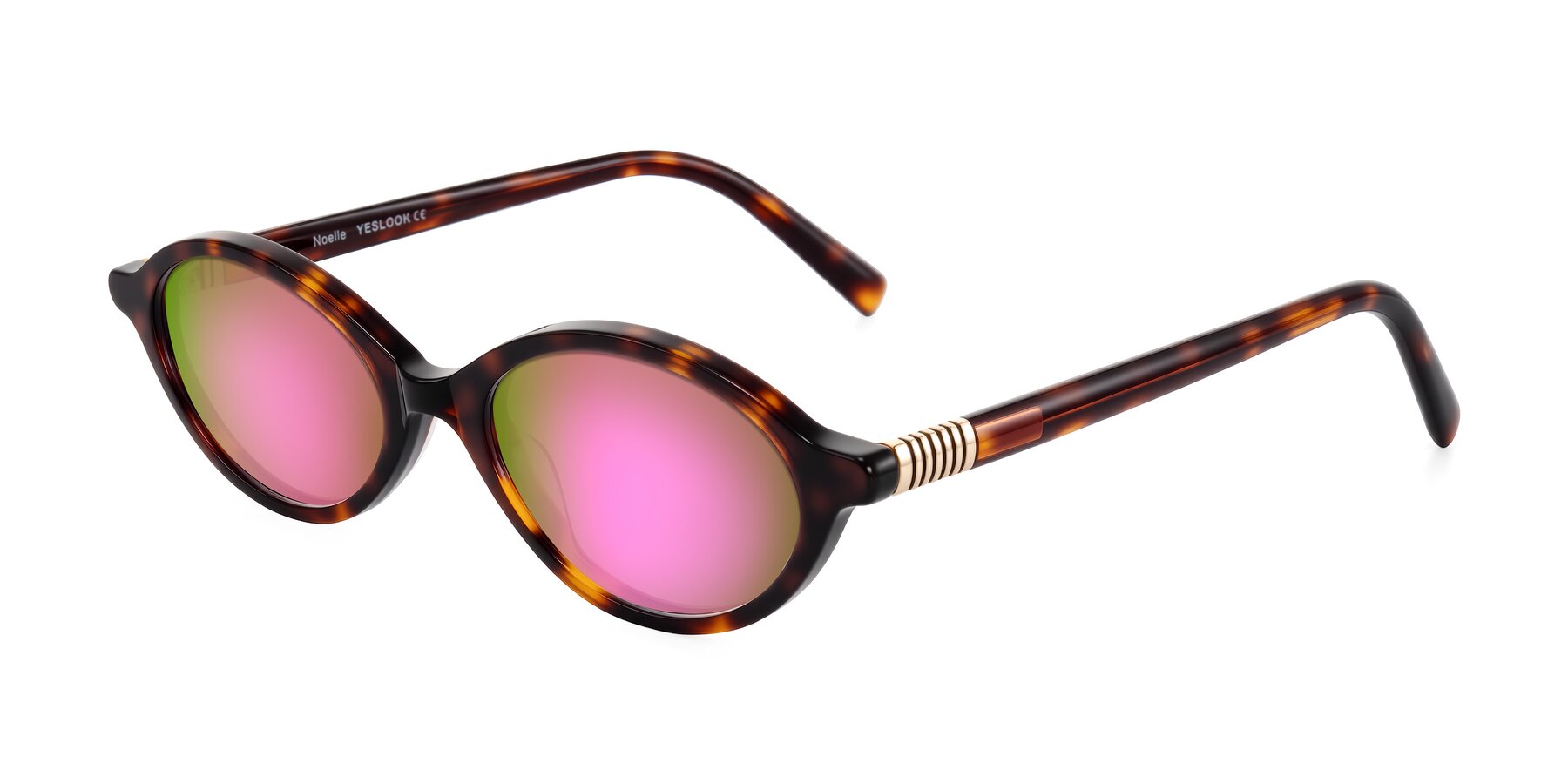 Angle of Noelle in Tortoise with Pink Mirrored Lenses