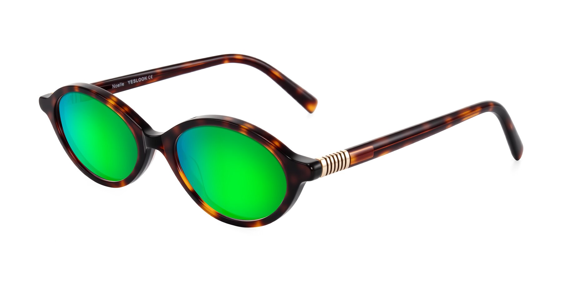 Angle of Noelle in Tortoise with Green Mirrored Lenses