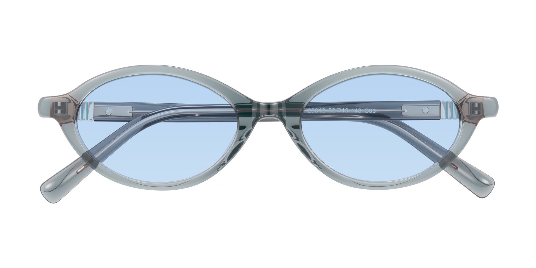 Folded Front of Noelle in Transparent Gray with Light Blue Tinted Lenses