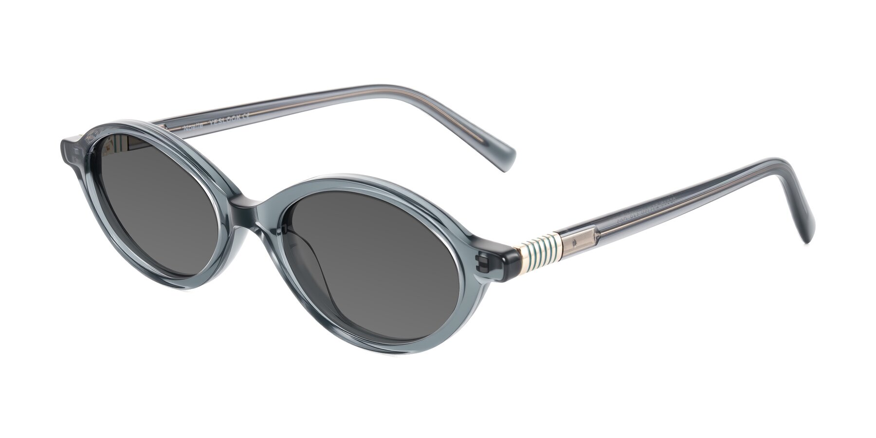 Angle of Noelle in Transparent Gray with Medium Gray Tinted Lenses