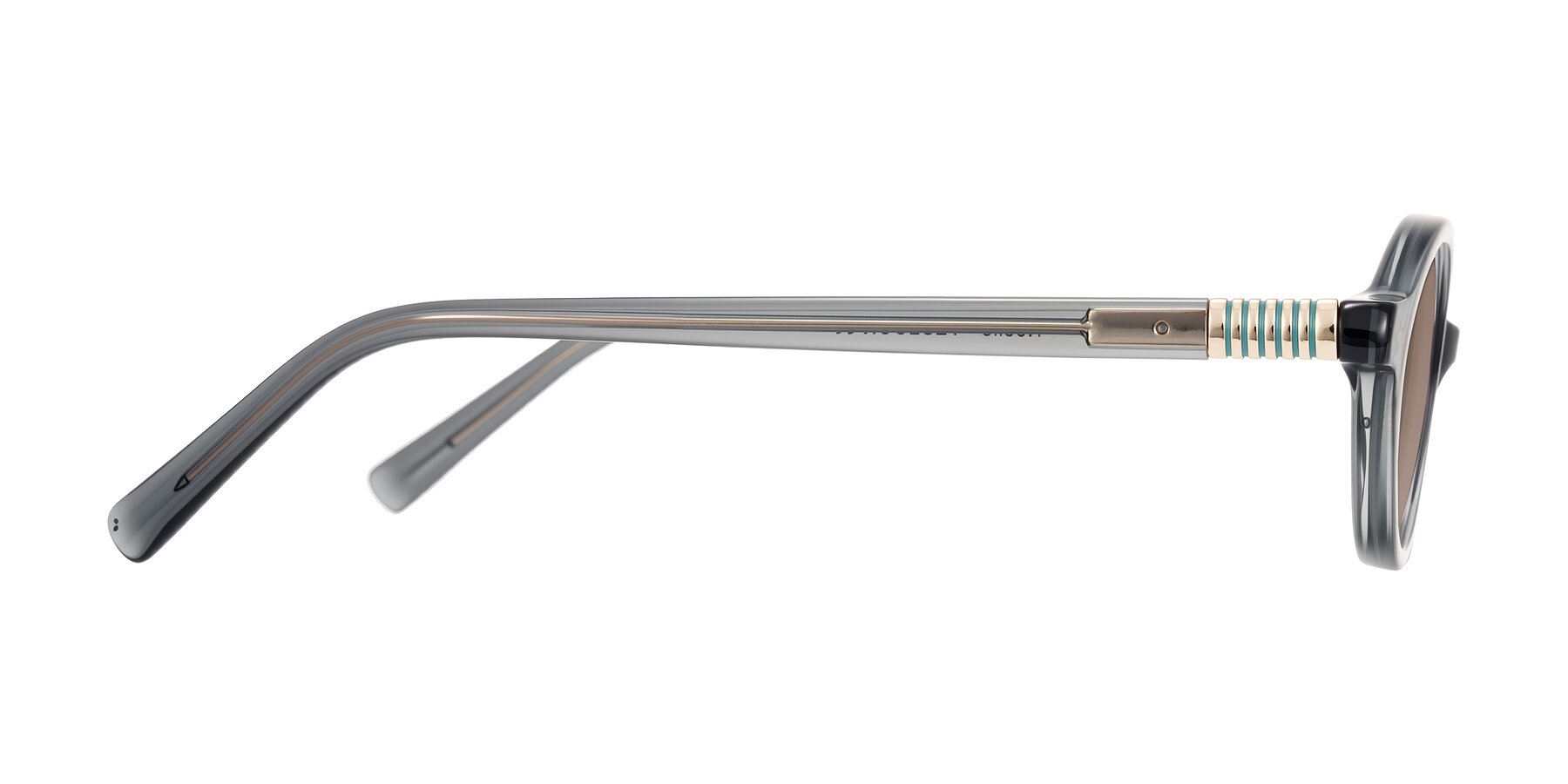 Side of Noelle in Transparent Gray with Medium Brown Tinted Lenses