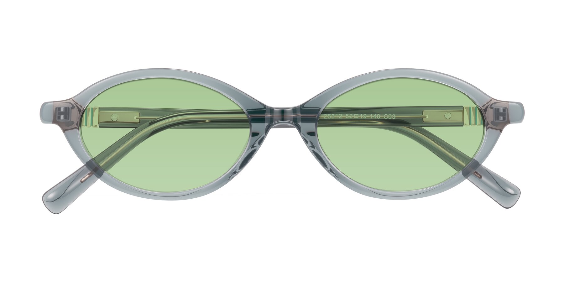 Folded Front of Noelle in Transparent Gray with Medium Green Tinted Lenses