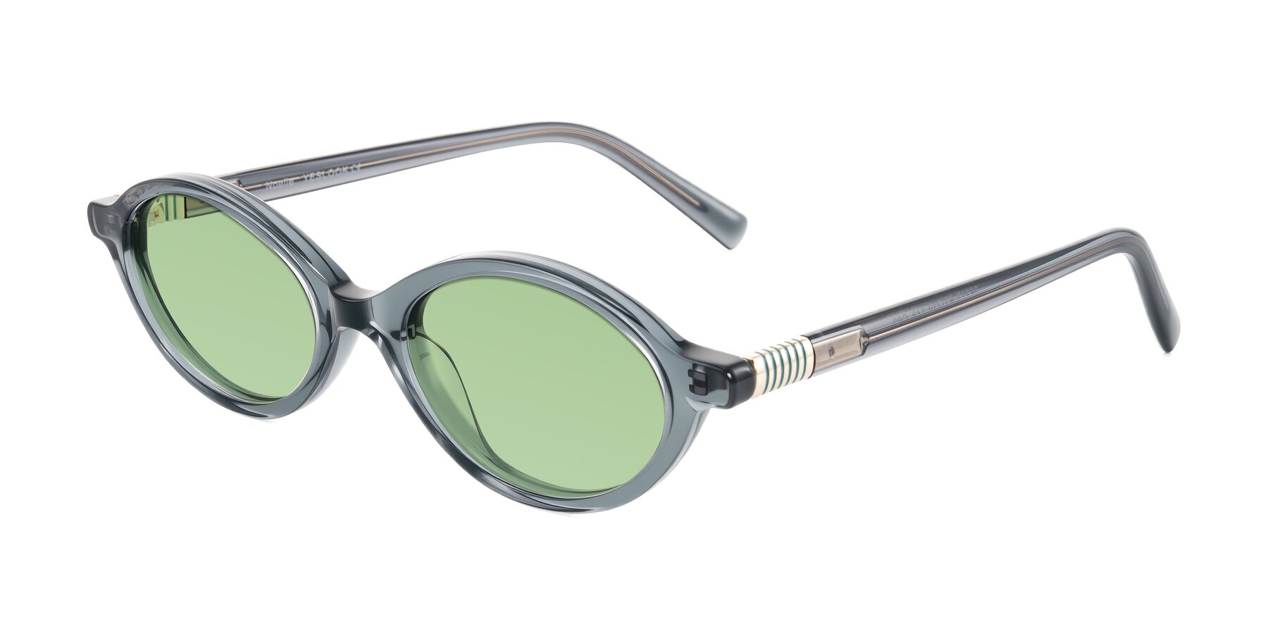 Angle of Noelle in Transparent Gray with Medium Green Tinted Lenses