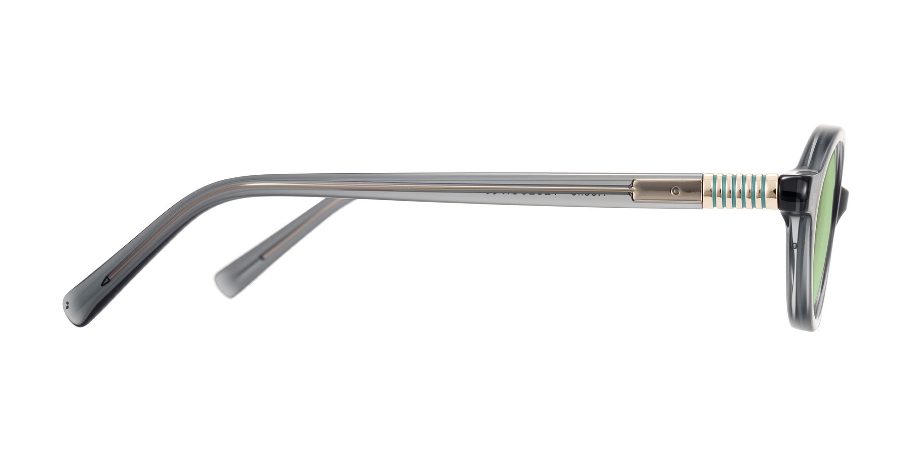 Side of Noelle in Transparent Gray with Medium Green Tinted Lenses