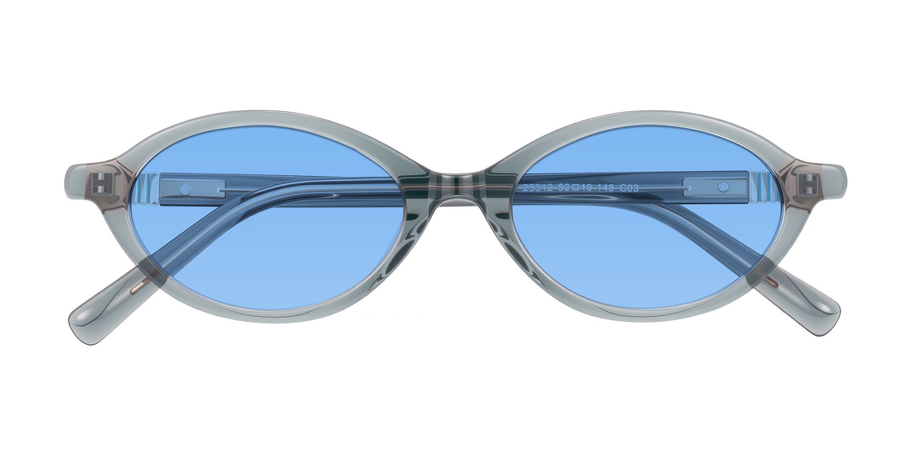 Folded Front of Noelle in Transparent Gray with Medium Blue Tinted Lenses