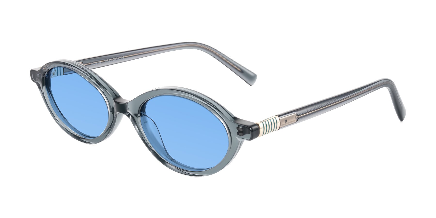 Angle of Noelle in Transparent Gray with Medium Blue Tinted Lenses