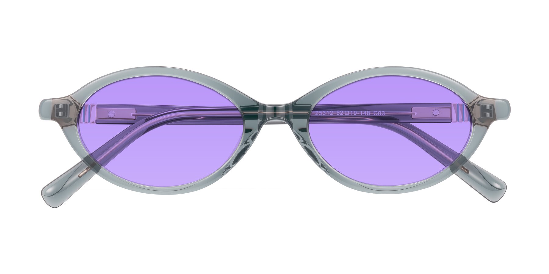 Folded Front of Noelle in Transparent Gray with Medium Purple Tinted Lenses