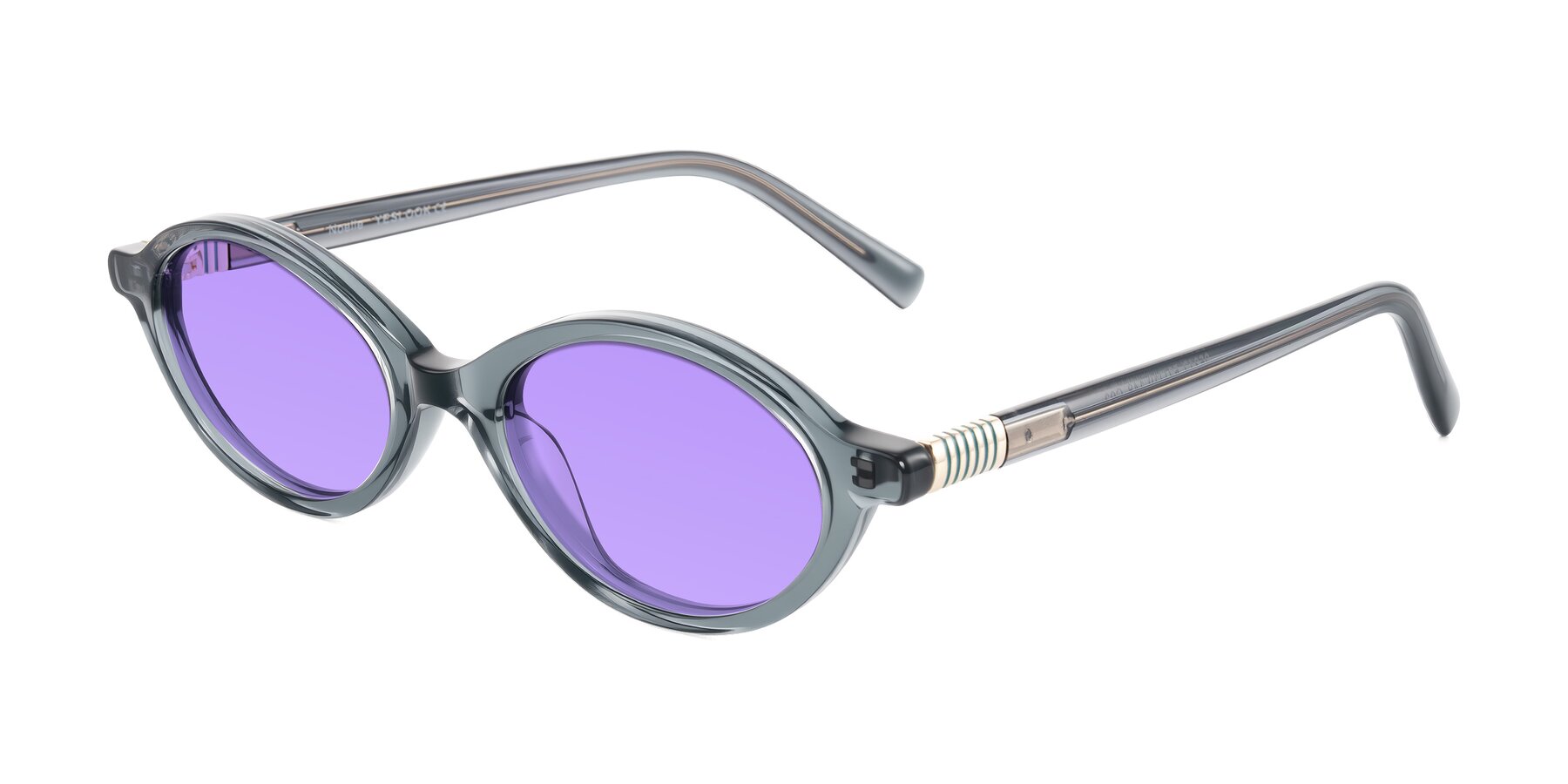 Angle of Noelle in Transparent Gray with Medium Purple Tinted Lenses
