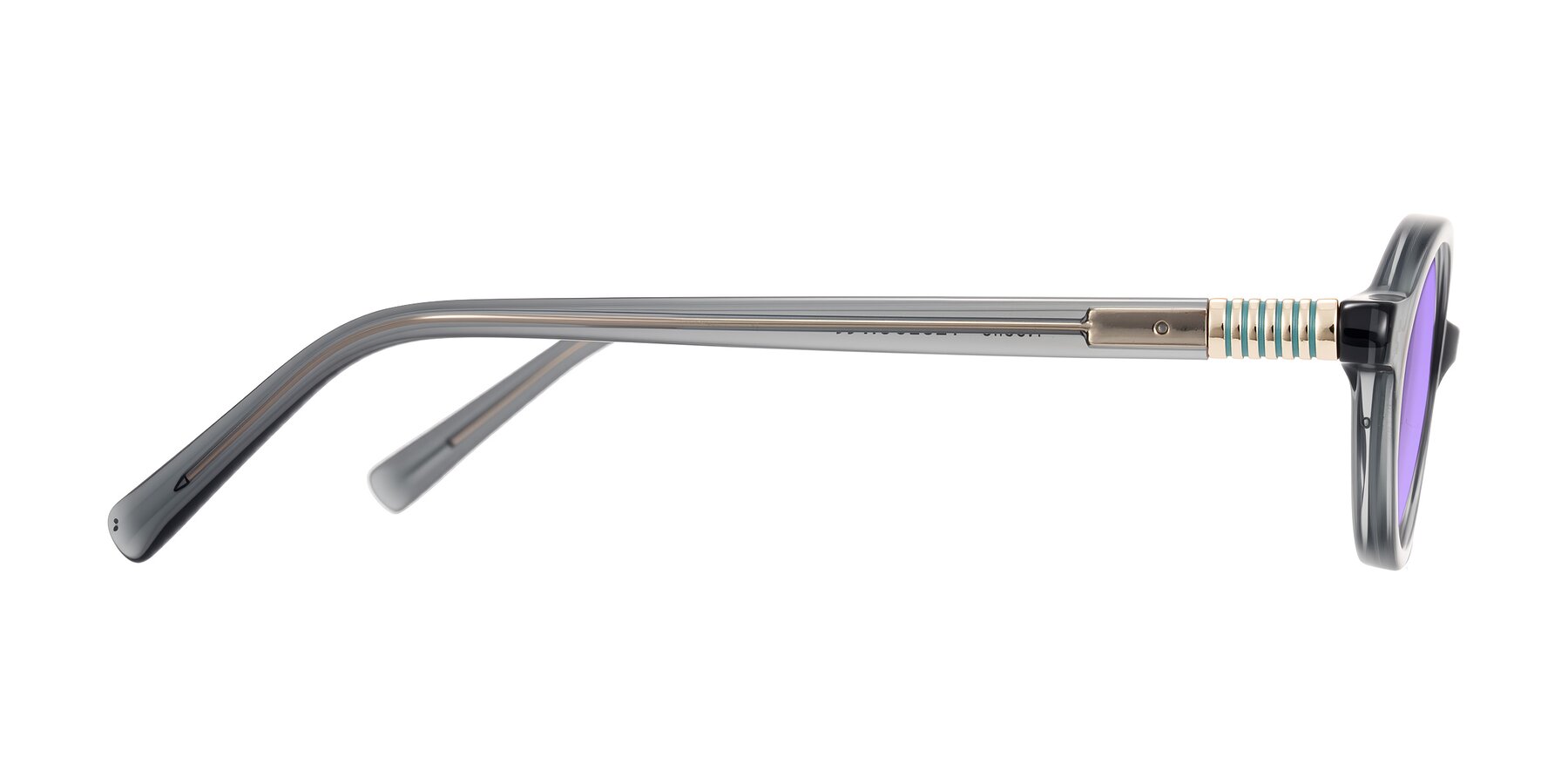 Side of Noelle in Transparent Gray with Medium Purple Tinted Lenses