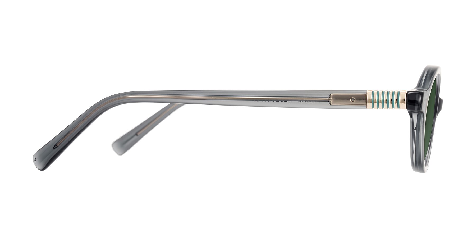 Side of Noelle in Transparent Gray with Green Tinted Lenses