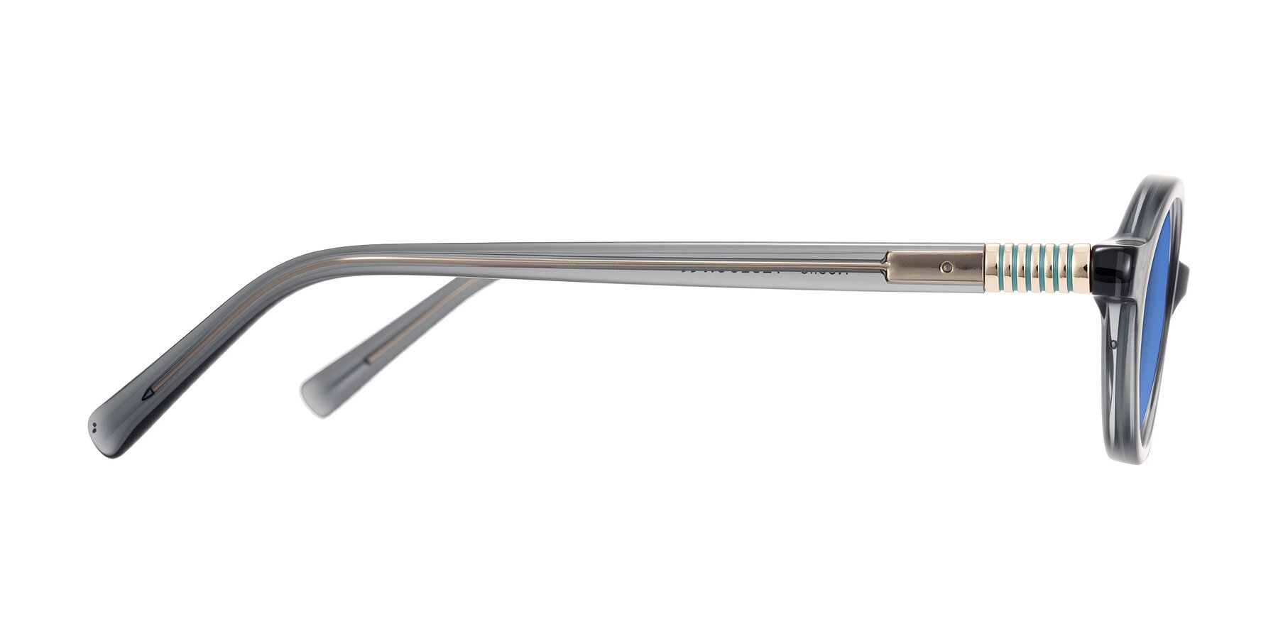 Side of Noelle in Transparent Gray with Blue Tinted Lenses