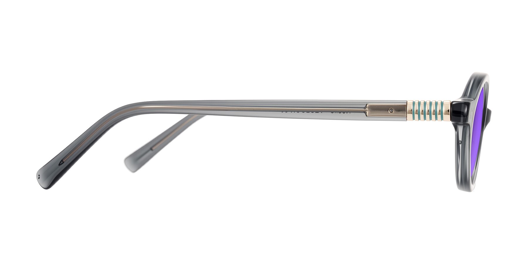 Side of Noelle in Transparent Gray with Purple Tinted Lenses