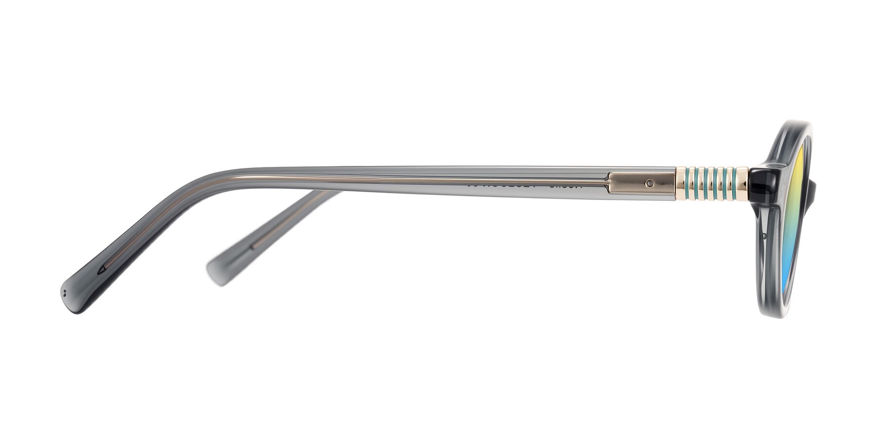 Side of Noelle in Transparent Gray with Yellow / Blue Gradient Lenses