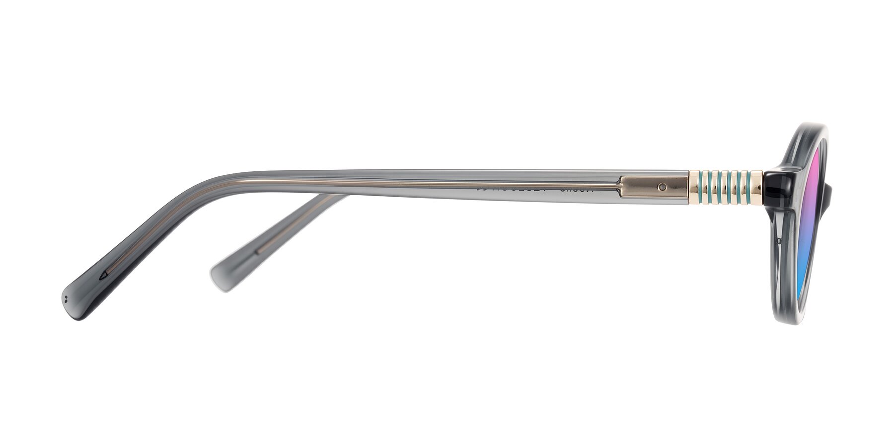 Side of Noelle in Transparent Gray with Pink / Blue Gradient Lenses