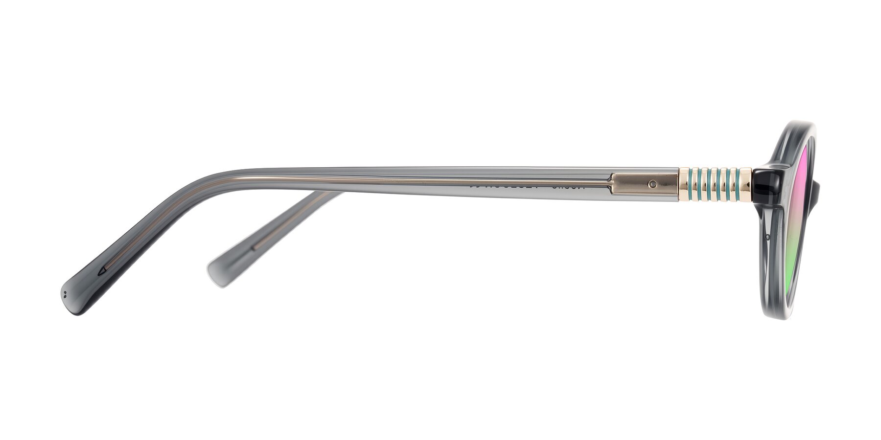 Side of Noelle in Transparent Gray with Pink / Green Gradient Lenses